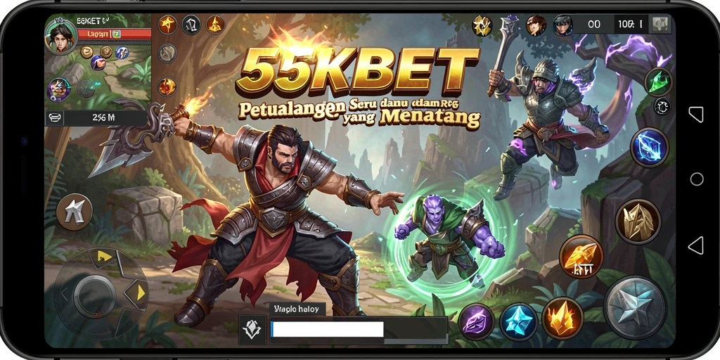 Screenshot utama menunjukkan pertarungan seru dalam game RPG 55KBET.
