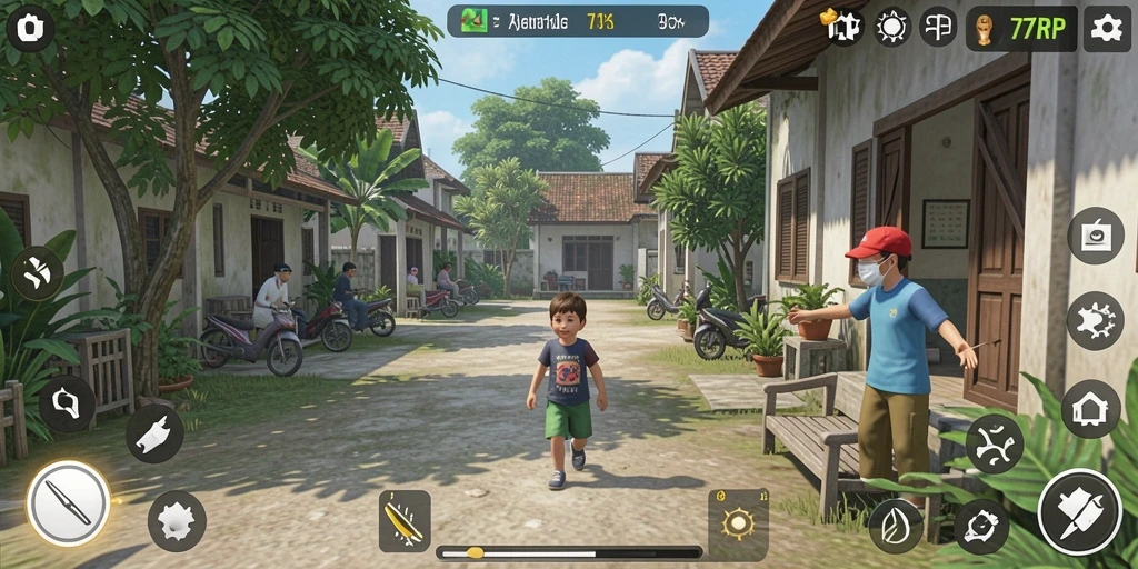 Tampilan gameplay <strong>77RP</strong> menunjukkan aktivitas sehari-hari yang menarik.
