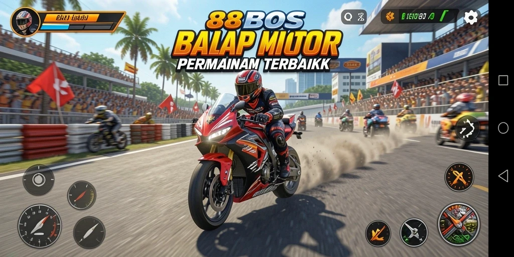 Gameplay 88BOS menampilkan balapan motor yang cepat dan mendebarkan.