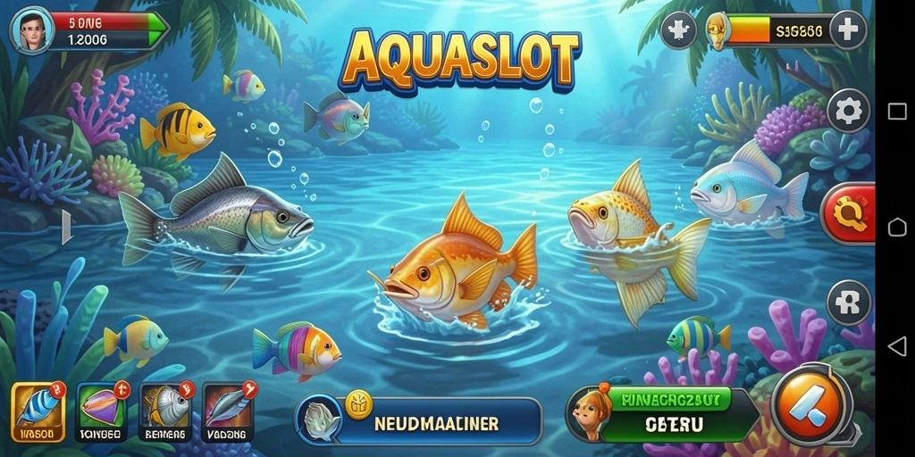 Tangkapan ikan besar dalam permainan AQUASLOT yang menampilkan gameplay memancing.
