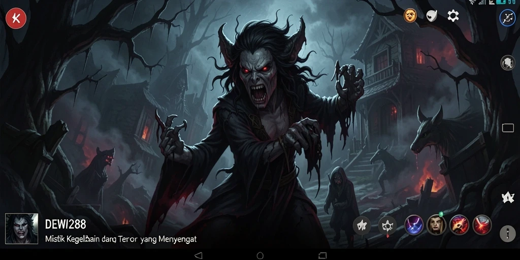 Screenshot gameplay DEWI288 menampilkan suasana horor yang mencekam.