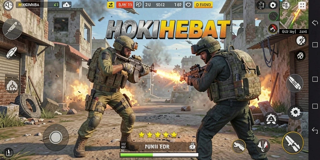 Screenshot HOKIHEBAT menampilkan aksi tembak-menembak yang seru.