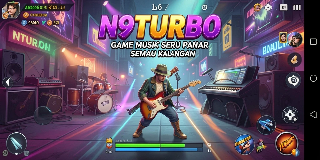Tangkapan layar N9TURBO menampilkan gameplay musik menarik dan interaktif.