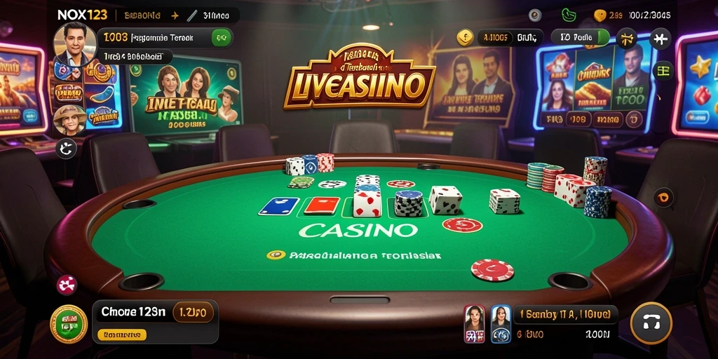 Screenshot gameplay NOX123 menampilkan dealer dan pemain dalam suasana kasino langsung.